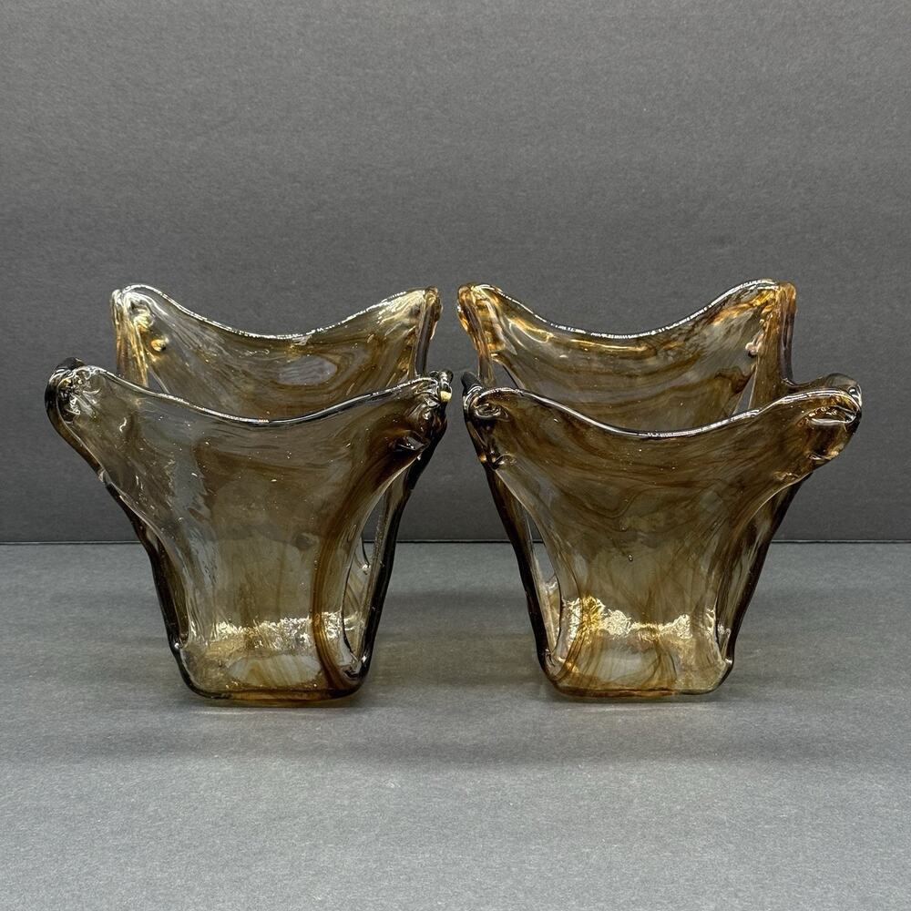 2 Vintage MCM Amber Hand Blown Glass Light Shade Decor Candle Tissue Holders